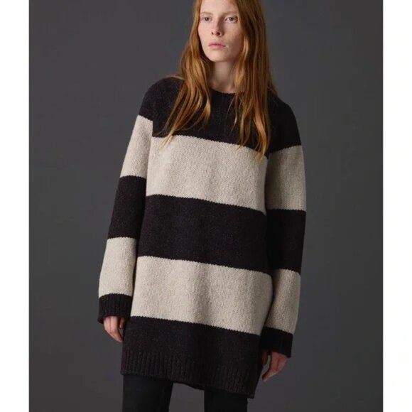 Jo Gordon Oversized Striped Chunky Knit Lambswool Jumper Sweater M  Green Gray - Picture 4 of 11